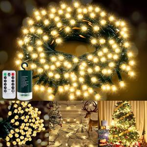TURNMEON 120LED 39.4Ft Christmas String Lights Battery Operated Timer 8 Modes Remote Control Waterproof Green Wire Xmas Tree Fairy Lights Decor Outdoor Indoor Home Party Garden (Warm White)