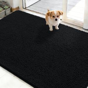 OLANLY Dog Door Mat for Muddy Paws 50x30, Absorbs Moisture and Dirt, Absorbent Non-Slip Washable Doormat, Quick Dry Chenille Mud Mat for Dogs, Entry Indoor Entryway Carpet for Inside Floor, Black