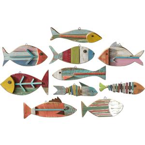 10 Pcs Wooden Fish Wall Decor Wood School of Fish Coastal Wall Decor Beach Wall Art for Home Nautical Theme Bathroom Hanging Decorations Gifts, Flat Printing Not 3D Pattern