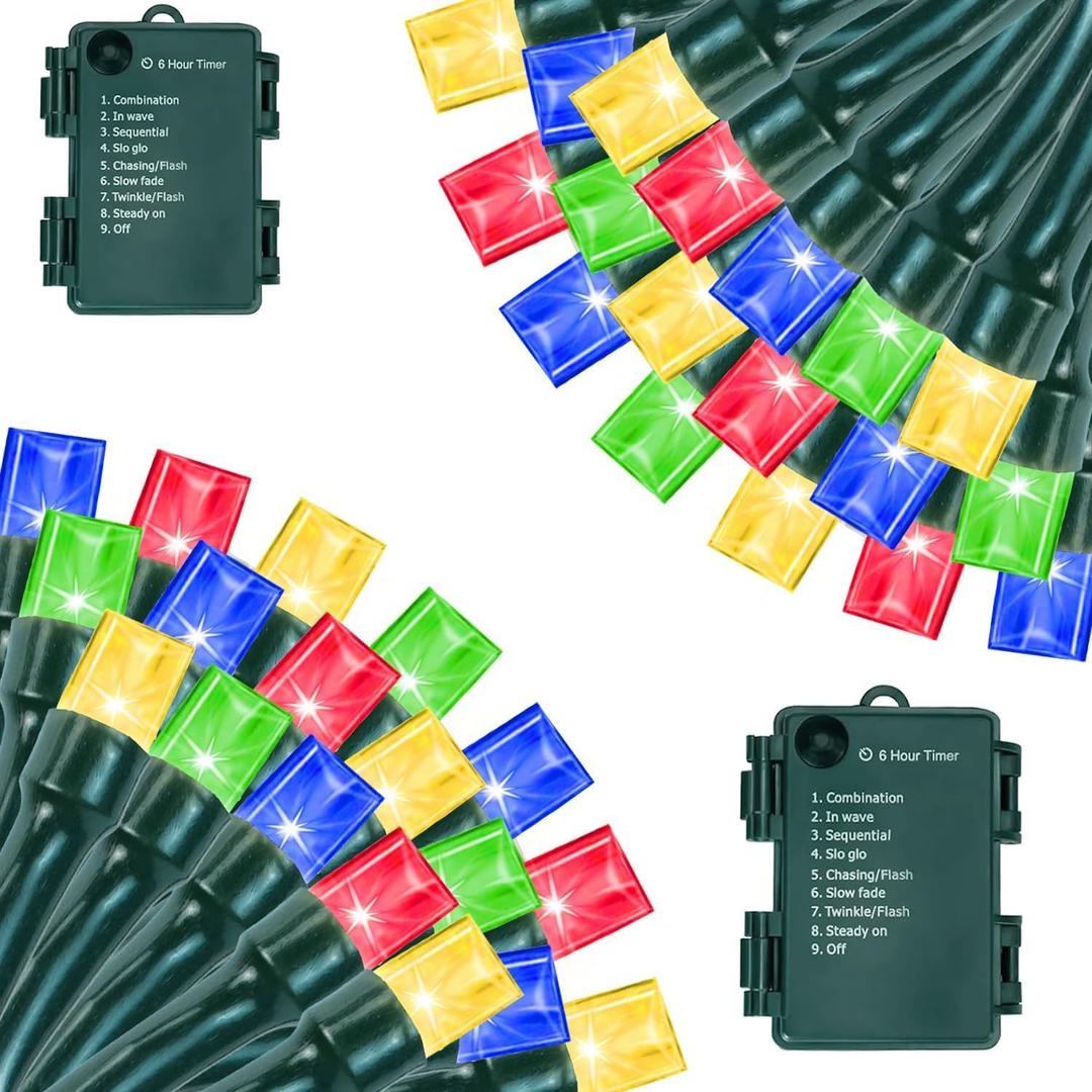 Battery Operated Christmas Lights, 33 FT 100 LED Mini String Lights with Timer and 8 Modes, Green Wire Outdoor String Lights for Tree Xmas Indoor Holiday Party Garden Decor, Multicolor 2pack