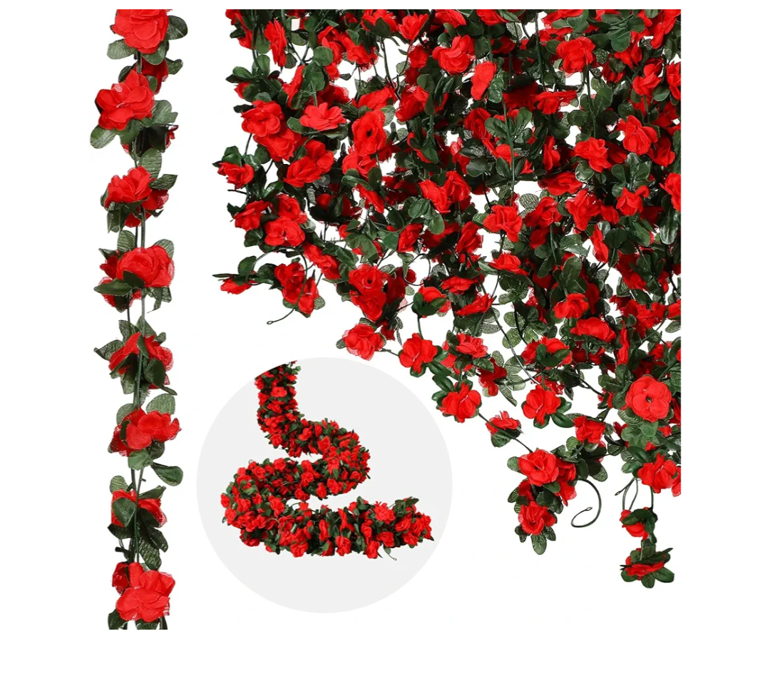 12 Pcs 100 ft Flower Garland Artificial Rose Vine with Green Leaves Hanging Artificial Flower Vines Ivy Garlands Wall Garden Decor for Room Wedding Birthday Arch Decor(Red)