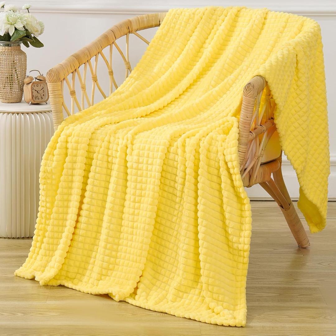 Puncuntex Yellow Throw Blanket 50"60",Super Soft Flannel Fleece Plush Cozy Blanket with 3D Jacquard Square Grid Design Luxury for Couch Sofa Chair