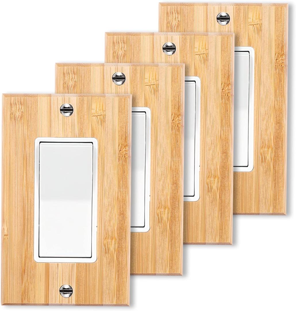4PC Solid Wood Single Rocker Light Switch Plate 4.5" X 2.76" Bamboo Light Switch Cover Quality Raw Wooden Decorative Bedroom Kitchen Home Decor (Single Rocker) (Standard Size)