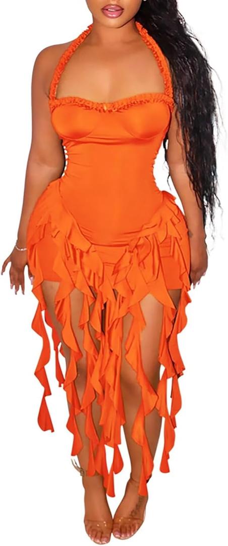 Aro Lora Womens Sexy Halter Neck Sleeveless Ruffle Tassel Party Club Bodycon Mini Dress (Large, Orange)