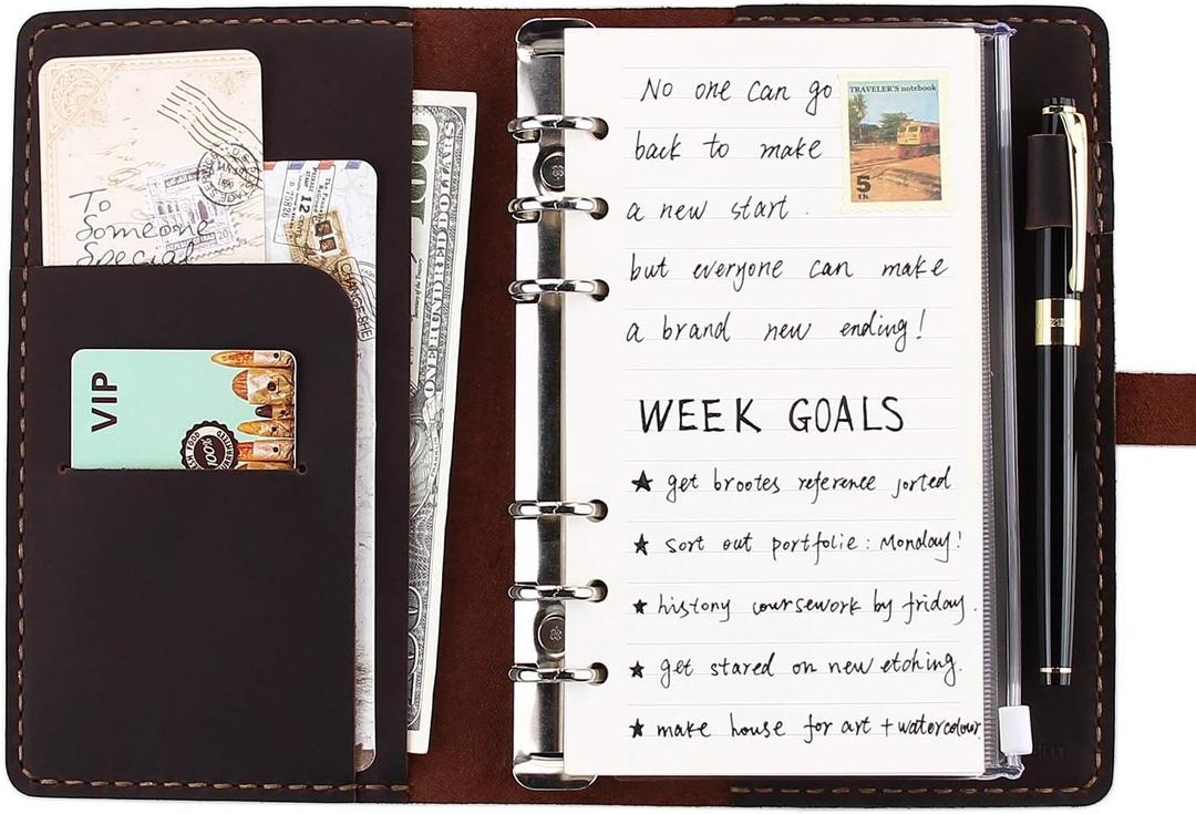 Genuine Leather Journal Writing Notebook, A6 Ring Binder Refillable Diary Notepads, Vintage Handmade Travel Organizer Agenda for Men Women - Coffee