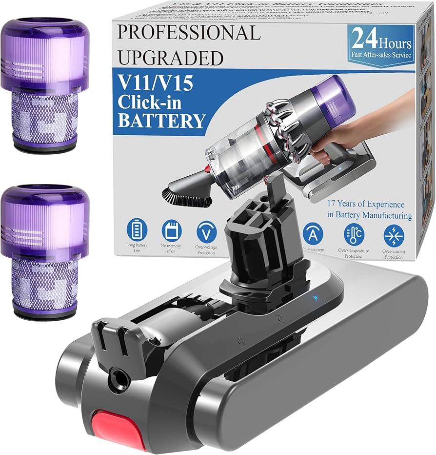 Professional 8500mAh V15 Battery Replacement for Dyson V15 Detect/Detect Absolute/ V15s Detect Submarine/ SV22/ SV47/ V11 Click-in Vacuum Cleaners 2 Filters Included