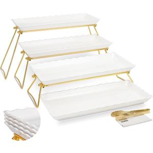 KAQAHIDO Extra Large 4 Tier Serving Tray Set, 34x22x10 inch Wave Edge Melamine Dessert Table Display Set, Tiered Trays Stand for Party Buffet Entertaining, Gold and White