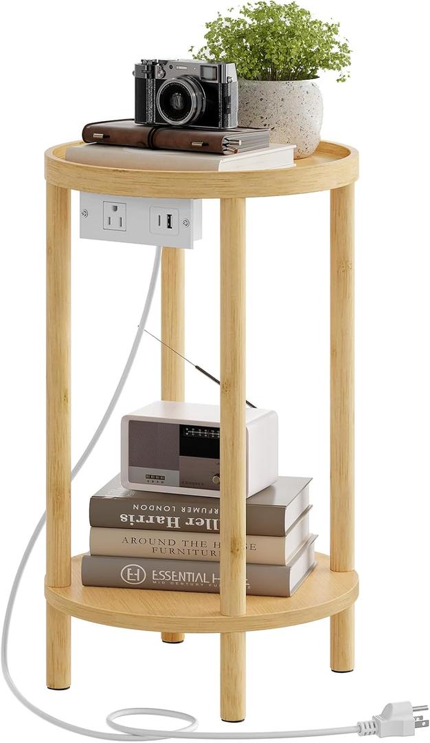 HOOBRO Small Round Side Table with Charging Station, 2-Tier Round Bamboo End Table, Compact Sofa Bedside Table for Small Space, Easy Assembly, for Living Room, Bedroom, Apartment, Natural 