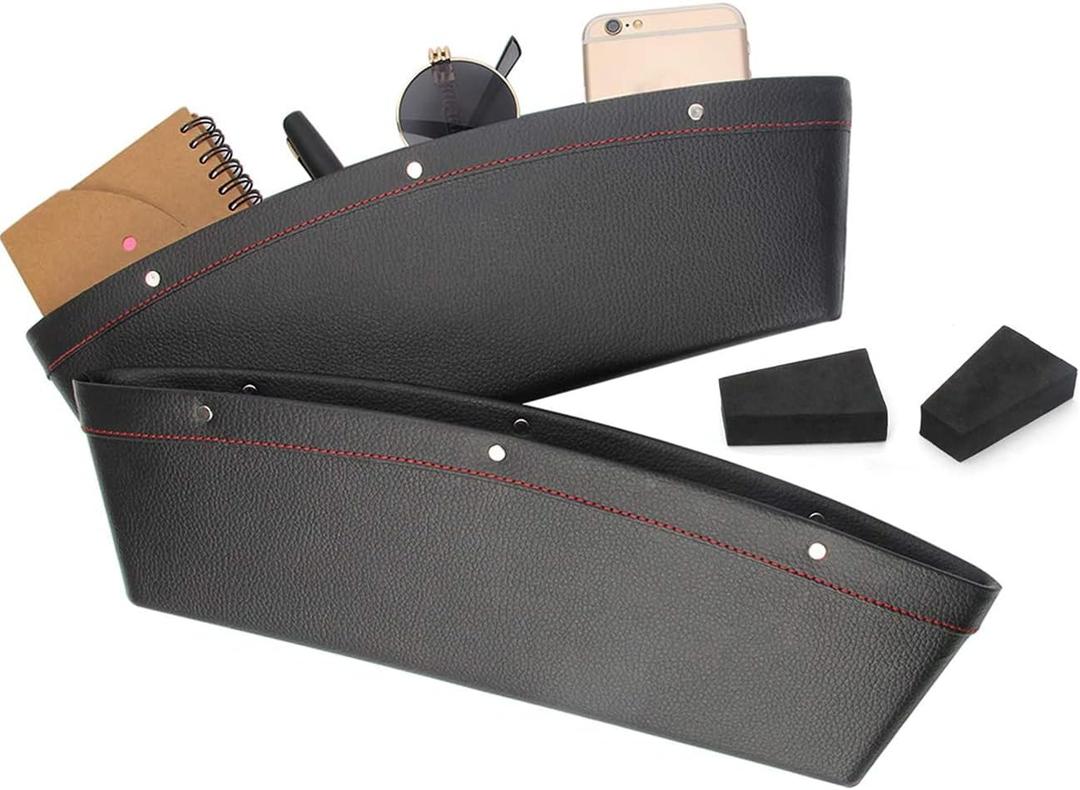 Coolrunner 2 Set Car Seat Gap Organizer, Car Seat Gap Filler, PU Full Leather Car Seat Crevice Storage Box Universal Fit in Between Car Seat Catcher for Phone Keys Cards Pens Coins(Black)