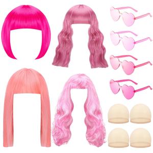 12 Pcs Pink Wig Set,4 Pcs Pink Wigs and Wig Cap Set,Heart Shape Sunglasses,Long Curly Short Bob Hair Wigs for Bachelorette Neon Party Favors