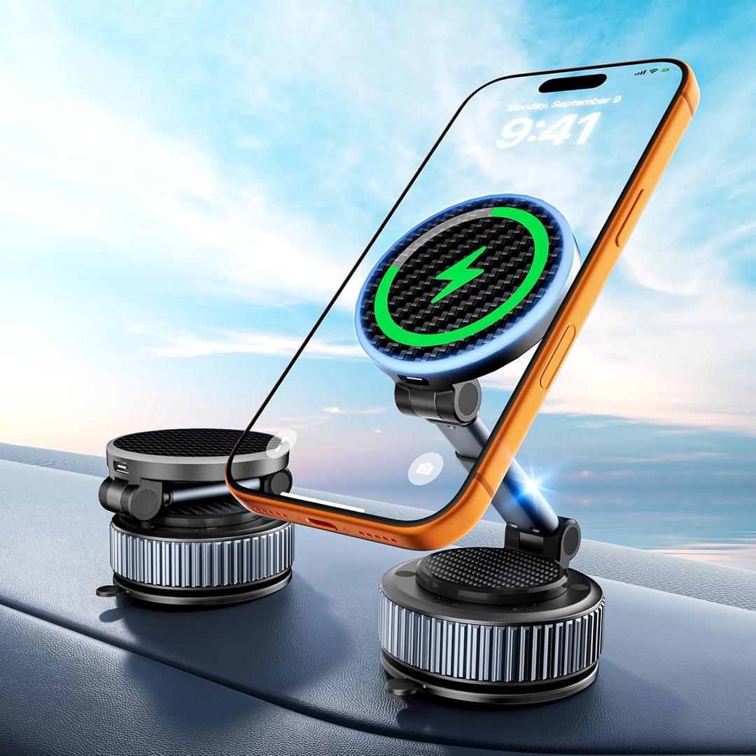 CloudValley 15W Wireless Charger Magnetic Car Mount Phone Holder Carbon Fiber, Dashboard/Windshield 360 Adjustable Stand [Compatible with MagSafe] Wireless Charging Arm for iPhone 17-12 Series