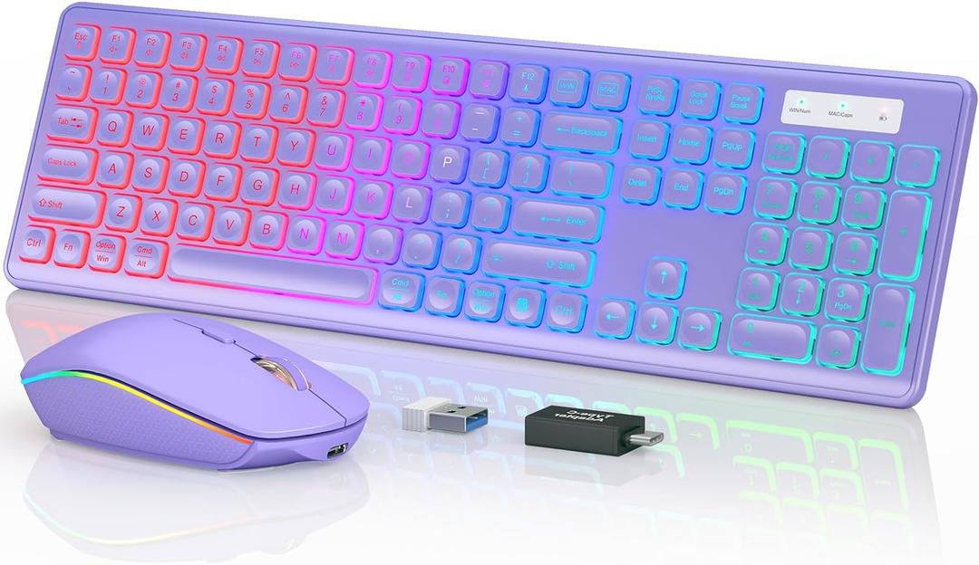 Wireless Keyboard and Mouse Combo, RGB Backlit, Rechargeable & Light Up Letters, Full-Size, Ergonomic Tilt Angle, Sleep Mode, 2.4GHz Quiet Keyboard Mouse for Mac, Windows, Laptop, PC, Trueque (Purple)