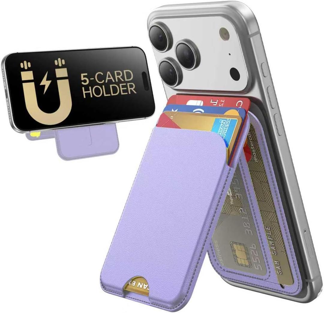 TWZKG for MagSafe Wallet, 5 Card Holder with Stand, Magnetic Phone Wallet Stand for iPhone 17/16/15/14/13/12 Pro Max Air Plus Series, RFID Blocking Vegan Leather,Purple