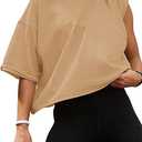 Carpetcom Oversized Workout Shirts for Women Short Sleeve Drop Shoulder Casual Crop Tops Baggy Gym Yoga Athletic Tee, S, Light Khaki