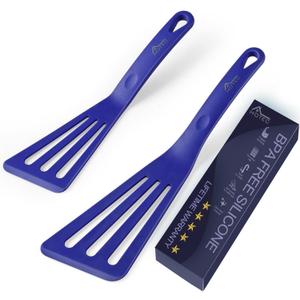 HOTEC 600 Heat Resistant Silicone Slotted Fish Turner Spatula Set, BPA Free Kitchen Cooking Spatulas, for Non Stick Cookware Dishwasher Safe Classic Blue, set of 2