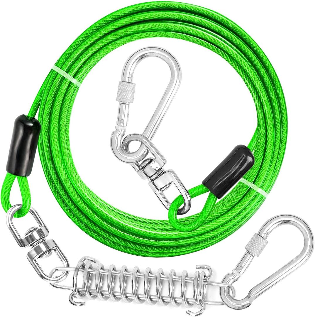 jenico Dog Tie Out Cable, 10/15/20/30/40/50/70/100/150FT Runner Cable with Swivel Hook and Shock Spring, Dog Leash Run Tether for Yard Outdoor and Camping,for Small to Medium Pets Up to 500 LBS (Green)