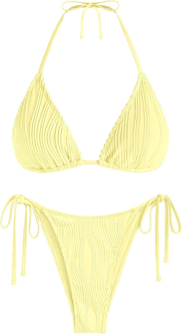 ZAFUL Textured Halter Bikini for Women 2 Piece Triangle Bikini Sets Sexy High Cut Bathing Suit Side Tie Swimsuits (Yellow, S)