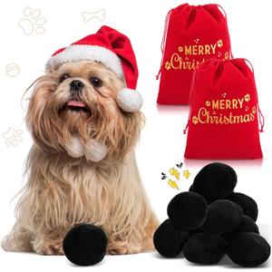 Shappy 10 Pcs Christmas Coal Plush Squeaky Dog Toys and 2 Pcs Gift Bags with Drawstring Black Soft Stuffed Squeaky Dog Balls for Small Medium Large Dogs Puppy Pets Animals Interactive Play