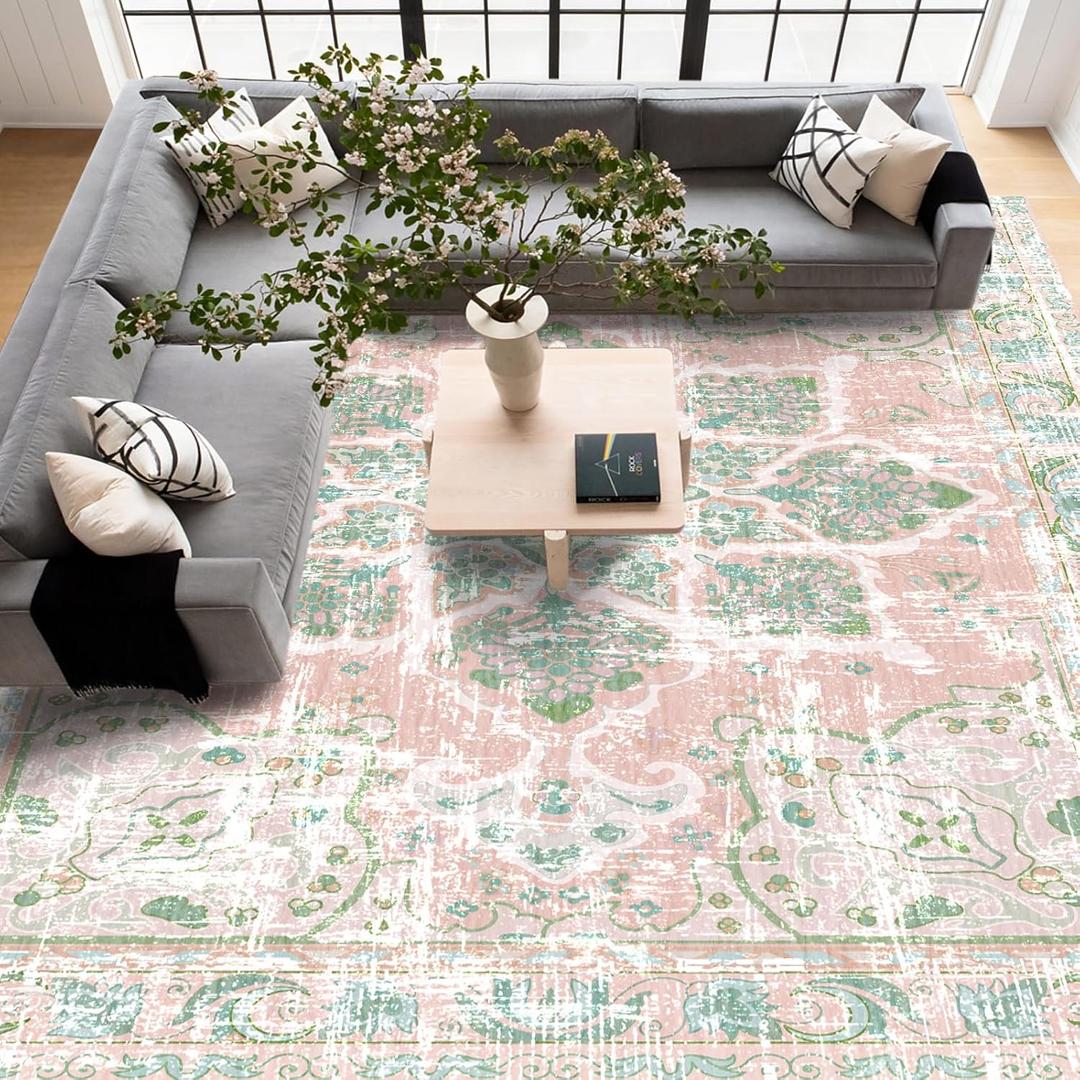 Vhong Boho Area Rugs Vintage Washable Neutral Modern Dusty Pink and Green 9x12 Non Slip Large Carpet for Nursery Living Room Dining Room Bedroom Farmhouse Girls Room