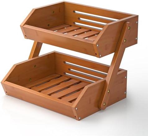 G.a HOMEFAVOR Fruit Basket for Kitchen, 2-Tier Fruit Bowl for Kitchen Counter, Vegetable Storage Stand for Fruit Shop, 15 mm Thickness, Brown