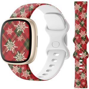 2 x Getino Sport Band Compatible with Fitbit Versa 4 Bands/Versa 3 Bands & Fitbit Sense Bands/Sense 2 Bands for Women Men, Soft Replacement Strap Accessories for Fitbit Sense/Sense 2/Versa 4/Versa 3 Watch (Large, Z-Red Plaid & Snowflake)