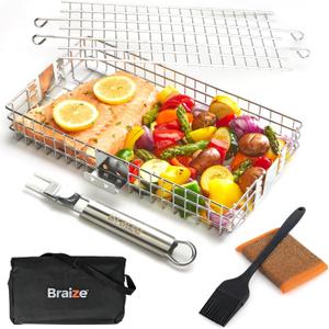Adjustable Grill Basket with Removable Handle  4 Height Levels for Vegetables, Meat, Fish & More  BBQ Grilling Basket with Locking Lid, Basting Brush, Scrub Sponge & Storage Bag for Outdoor Cooking