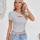 SANDERY Womens Fashion Clothes One Piece Cutout Tops Short Sleeve Ribbed Knit Slim Fitted Shirts Tee Tshirts (Gray, M)