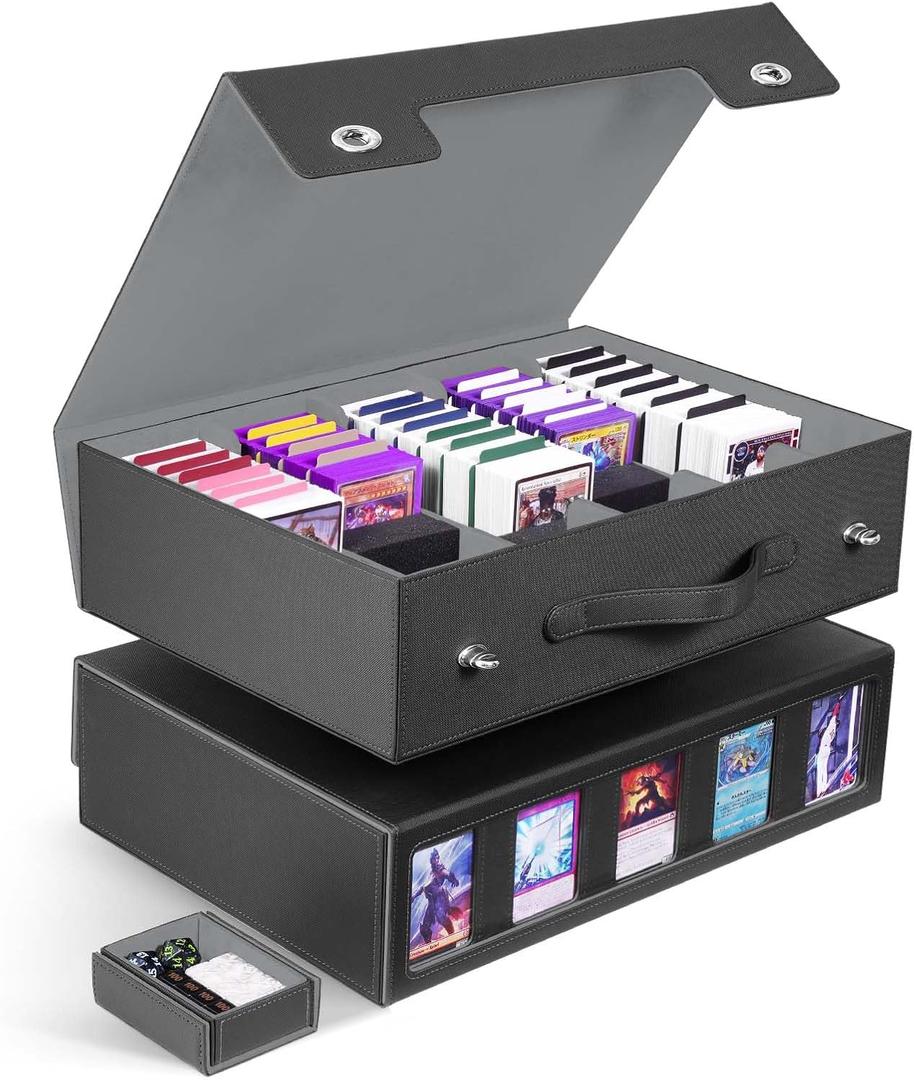 ZLCA Trading Card Storage Box 5-Row with Handle, MTG Storage Box Holds 3900+ Cards with Commander Display, Top Loaders Organizer Case for TCG PTCG Sport Card(Black)