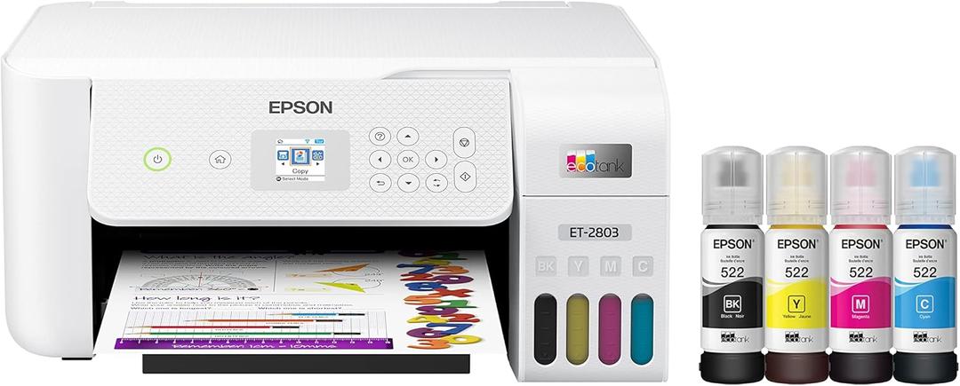 Epson EcoTank ET-2803 Wireless Color All-in-One Cartridge-Free Supertank Printer with Scan, Copy and AirPrint Support (White)