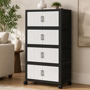 4 Tier Foldable Storage Cabinet with Wheels and Magnetic Doors, Premium PP Material Large Storage Organizer, Space-Saving Utility Storage for Home, Apartments, Dorm, Office, Rv