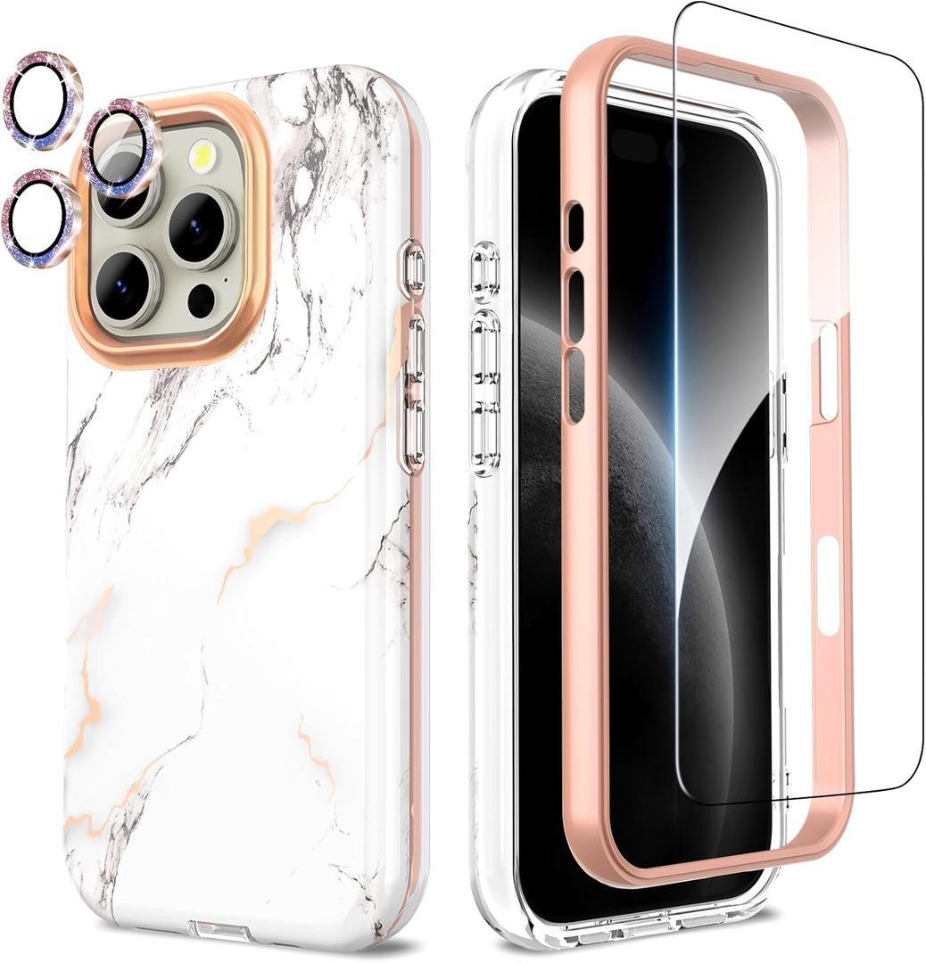SHEDEER for iPhone 16 Pro Case with Glitter Camera Protector & Screen Protector, Anti-Yellowing Chic Pattern, Shockproof Drop Protection, Anti-Scratch Phone Cover 16 Pro 6.3'', Marble White
