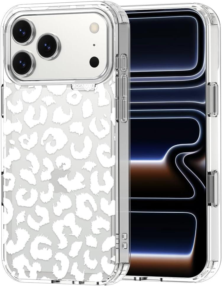 MOSNOVO for iPhone 17 Pro Max Case | Military Grade 6.6ft Drop Tested | Camera Control | Clear with White Leopard Print Design