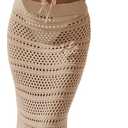 Fisoew Womens Summer Crochet Swim Cover Up 2 Piece Sleeveless Front Tie Crop Tops Beach Maxi Skirt Boho Coverup Set (Small, Khaki)