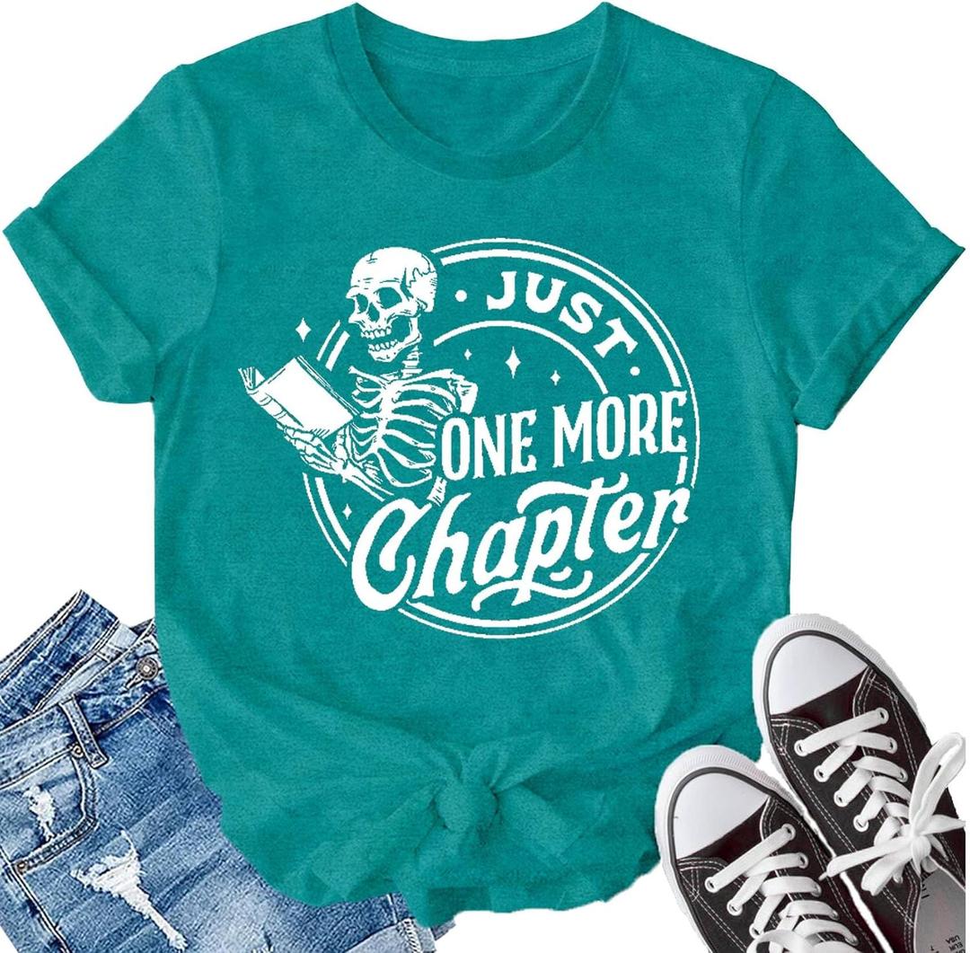 LBP Womens Skeleton Reading Shirts Book Lovers Funny Reading T-Shirt Just One More Chapter Tee Tops (X-Large, Cyan)