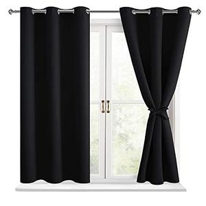 Hiasan Blackout Curtains for Bedroom - Light Blocking & Noise Reducing Window Curtains for Living Room, 2 Drape Panels Sewn with Tiebacks, Black, 38 x 54 Inch