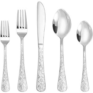 Runfly Vintage Carved Stainless Steel 20 Pieces Flatware Set, Silverware Set, Modern Embossed Cutlery Set Utensils Including Fork Spoon and Knife