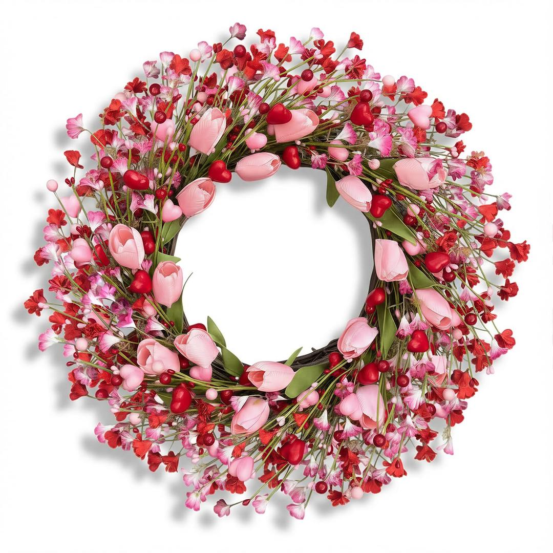 24 inch Valentines Day Wreath, Valentines Wreaths for Front Door Decor, Pink Tulip Wreath with Heart Berry for Front Door Wedding Anniversary Dinner Decoration