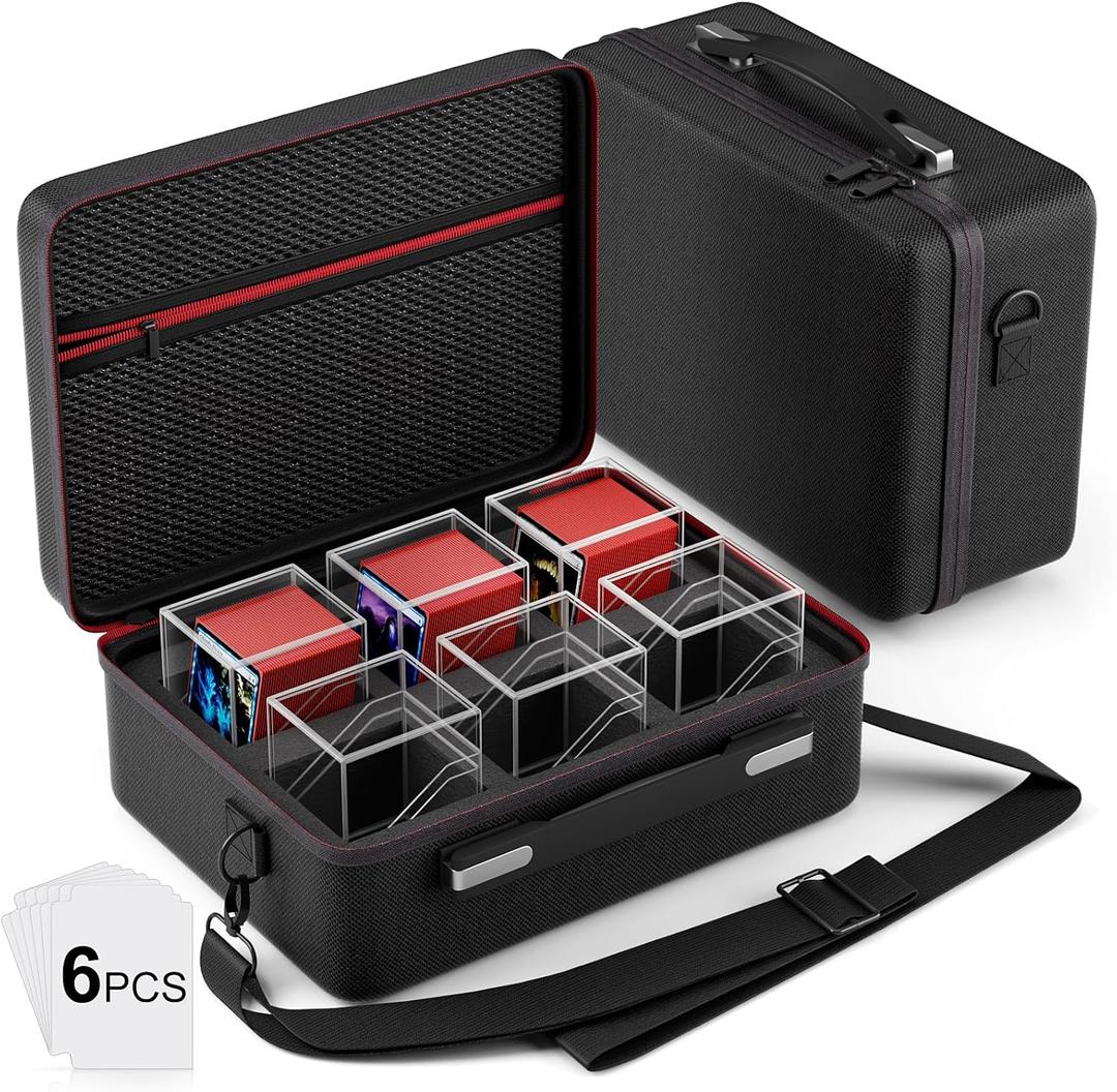 Card Deck Box with Portable Case, 6 Pack Clear Commander Deck Box with 6 Dividers, Holds 600+ Double Sleeved Cards, Fit for MTG, YuGiOh, TCG (Black)