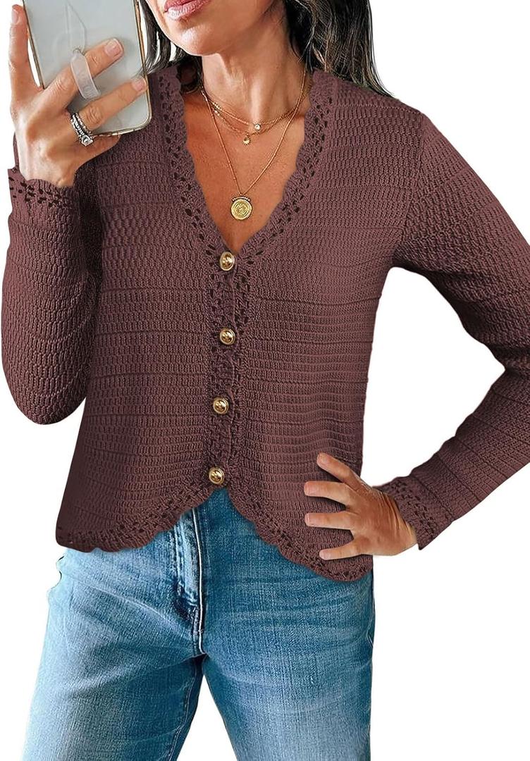 Womens Cardigan Sweaters Trendy Cropped Button Up Long Sleeve V Neck Loose Boho Casual Knit Tops Fall Outfits (Large, Brown)