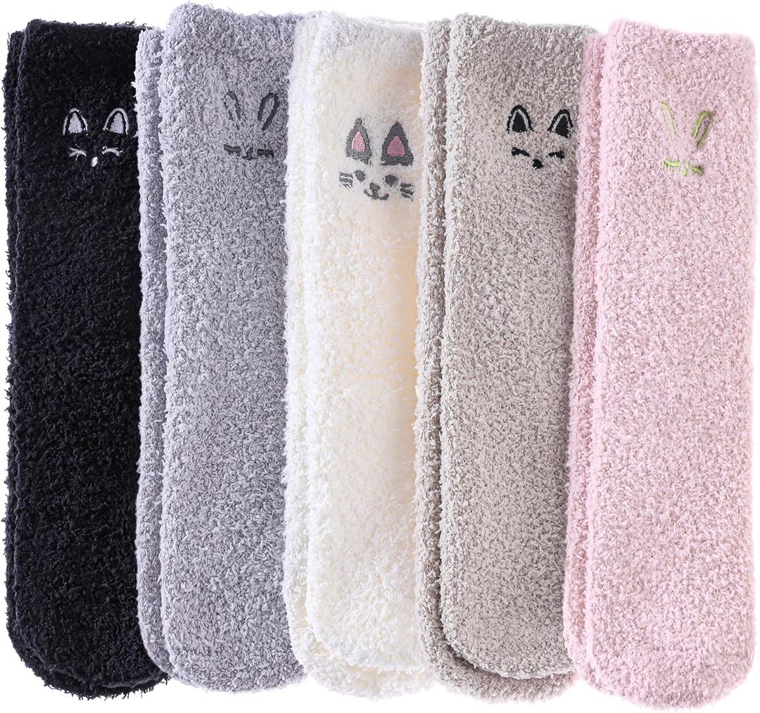 DYW Fuzzy Socks for Women Soft Cozy Fluffy Winter Warm Slipper Socks Home Sleeping Animal Socks (5 Pairs Solid Color Cute)