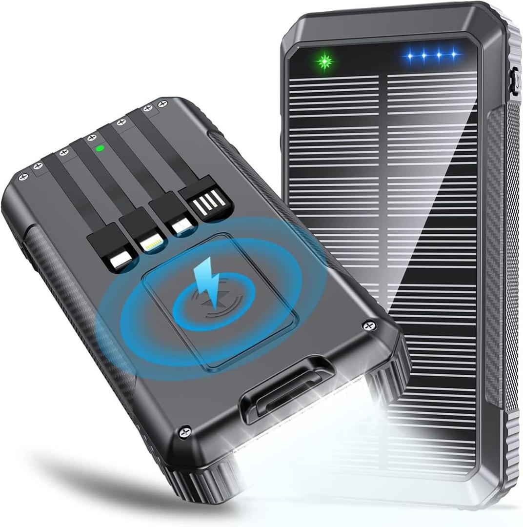 Solar Power Bank 33800mAh 4 Cables 22.5W Fast Charge Power Bank 7 Outputs & 4 Inputs Solar Portable Charger, Compass/SOS/Strobe/Strong Flashlights (Balck) Solar Power Bank 33800mAh 4 Cables 22.5W Fast Charge Power Bank 7 Outputs & 4 Inputs Solar Portable Charger, Compass/SOS/Strobe/Strong Flashlights (Balck)