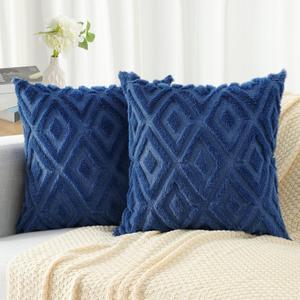 Pallene Fall Blue Faux Fur Throw Pillow Covers 18x18 Set of 2 | Soft Decorative Plush Wool Couch Pillow Covers for Sofa Bed Living Room Pillow Cases with 3D Diamond Pattern