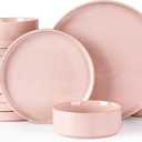 GBHOME Dinnerware Set for 6, 18 Piece Speckled Plates and Bowls Set with Glazed Bottom, Chip & Scratch Resistant Stoneware Plates Sets, Dishwasher & Microwave Safe Dishes (Pink, Service for 6)