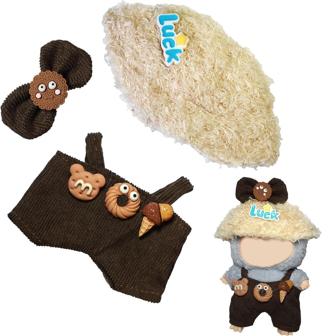 4 x Clothes for Labubu, Hat & Headwear & Clothing Set for 15cm/17cm Doll Accessories Suit, Clothes Accessores for Doll (Brown
