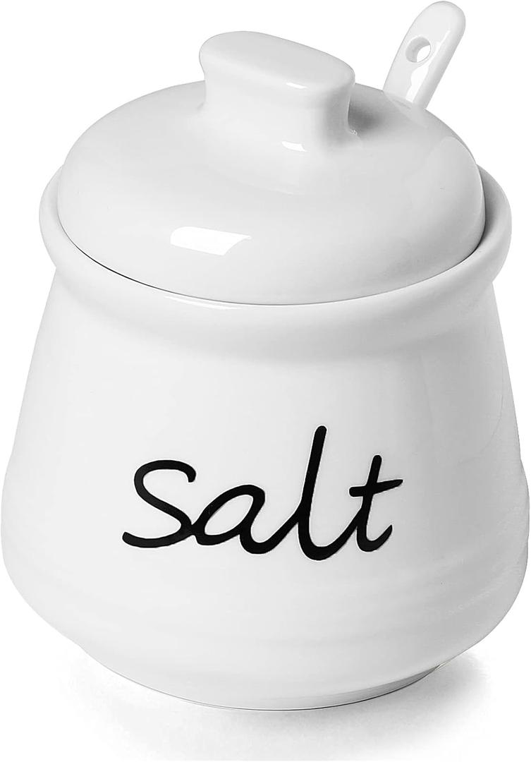 ONTUBE Ceramic Salt Bowl with Lid and Spoon 12oz (White)