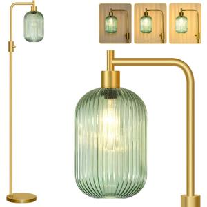Upgraded Dimmable Glass Floor Lamp for Living Room, Modern Gold Standing Lamp with Green Ribbed Glass Lampshade & Knob Dimmer, Arc Tall Lamp for Bedroom Office Reading Room, 2700K Led Bulb Included