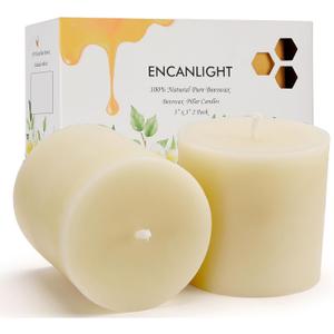 3x3 Inch Pure Beeswax Pillar Candles, White Natural Bees Wax Candles Set of 2, 50-55 Hour Long Burning, Unscented Smokeless and Dripless for Home Decor, Wedding, Dinner, Gifts (Ivory)