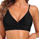 Women's Twist Front V Neck Bikini Top Padded Adjustable Spaghetti Straps Bathing Suit Tops Only (Black) Small