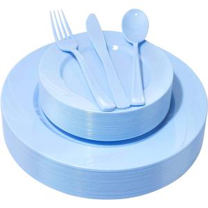 YOUBET 125Pieces Blue Plastic Plates - Blue Baby Shower Plates Disposable - Include 25 Dinner Plate 25 Dessert Plate 25 Forks 25 Knives 25 Spoons for Birthday Party & Baby Shower Gifts