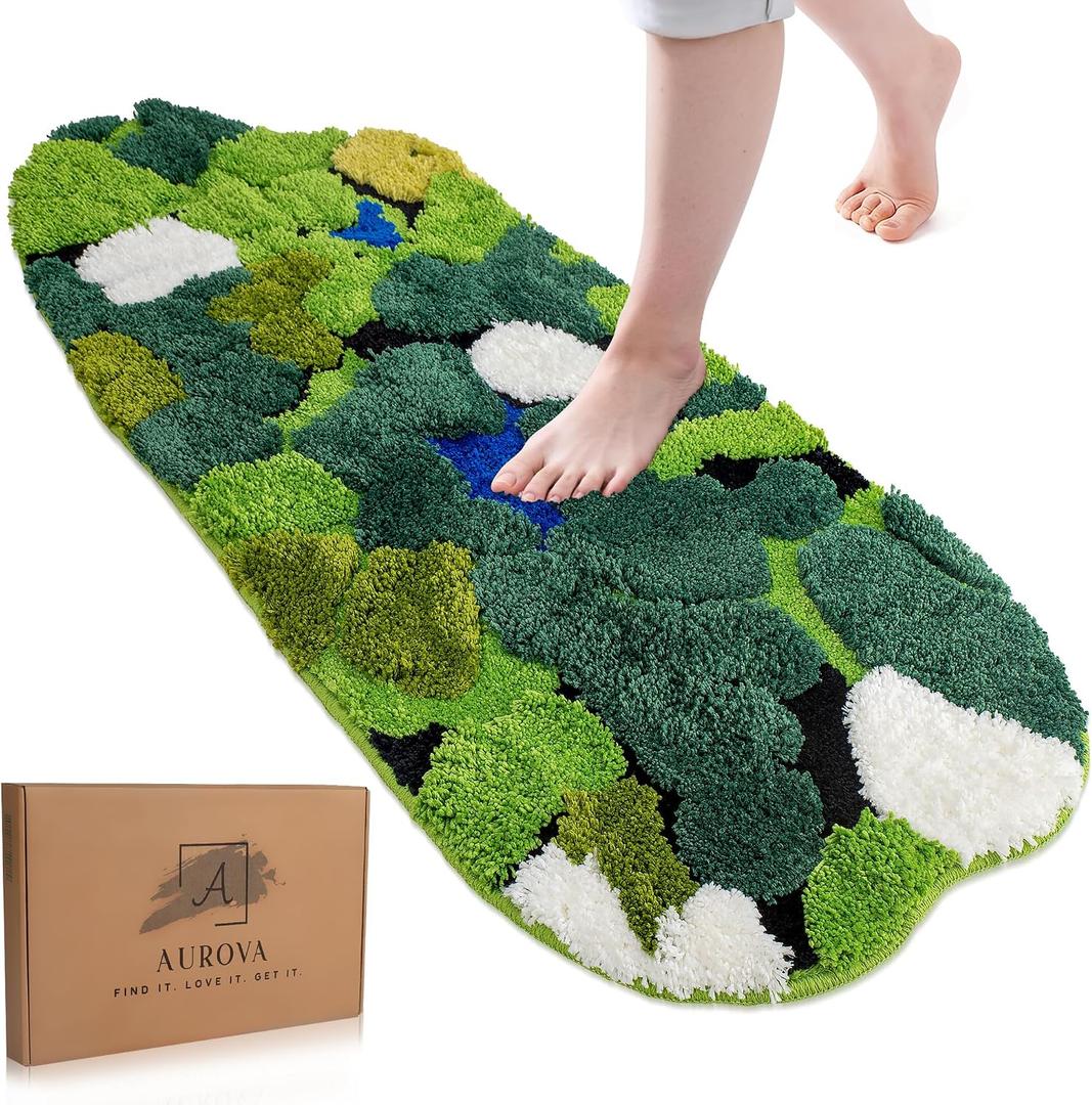 Premium 3D Moss Bath Mat Soft Green Bathroom Rug | Thick, Absorbent & Non-Slip Carpet | Machine Washable Forest-Inspired Bath Mat with Real Moss Look Nature Touch Bathroom Decor (42x19 in)